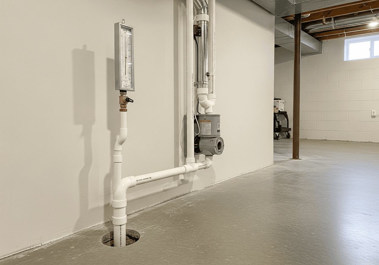 Radon mitigation system installed in a basement